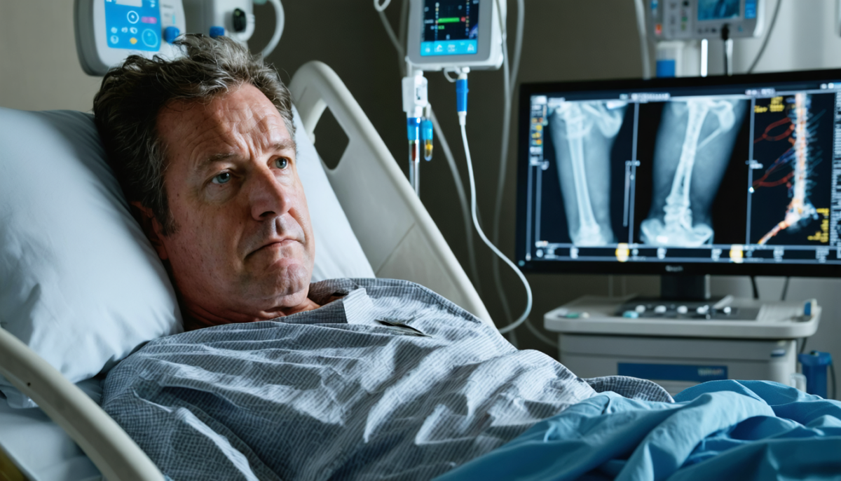 découvrez les détails sur l'hospitalisation de piers morgan suite à une fracture du fémur et une arthroplastie de la hanche, accompagnés d'une photo choc depuis son lit et son message poignant.