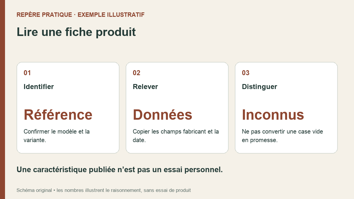 Guide de lecture : identifier la référence, relever les données fabricant et garder séparés les champs inconnus.